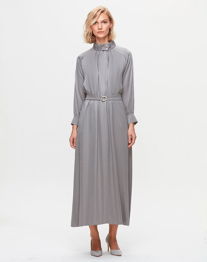 T25K-4002 High Collar Satin Dress - 7