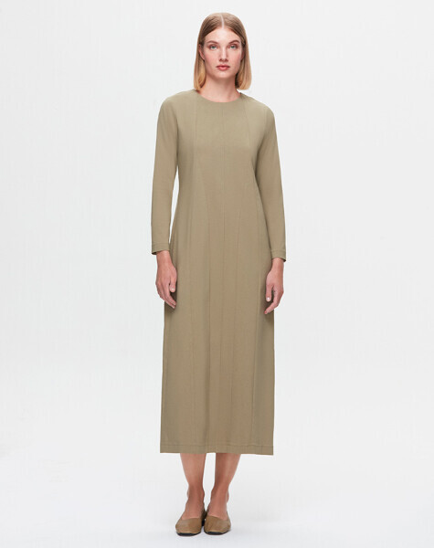 T25K-4003 Uzun Kollu Kumaş Elbise GREEN - 2