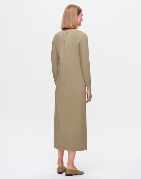 T25K-4003 Uzun Kollu Kumaş Elbise GREEN - 3