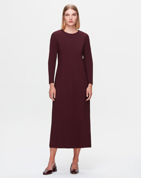 T25K-4003 Uzun Kollu Kumaş Elbise OUBERGINE - 1