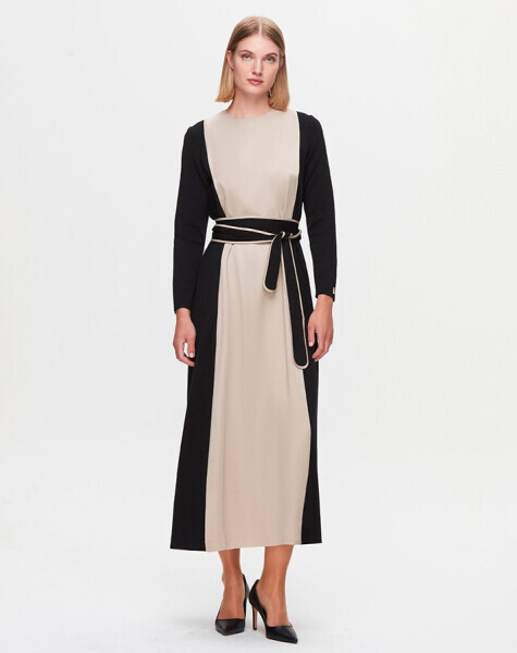 T25K-4005 Beli Kuşaklı Cupro Detaylı Elbise BLACK - 1