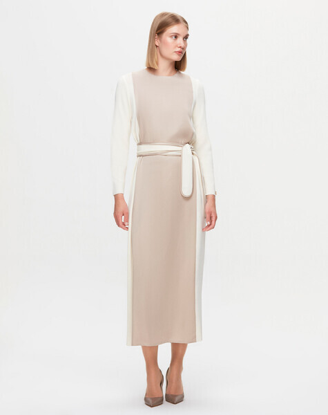 T25K-4005 Beli Kuşaklı Cupro Detaylı Elbise FEDE-ECRU - 3