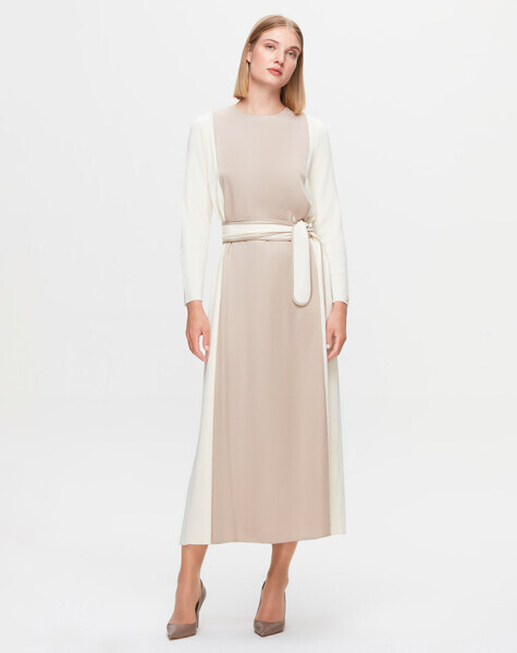 T25K-4005 Beli Kuşaklı Cupro Detaylı Elbise FEDE-ECRU - 1