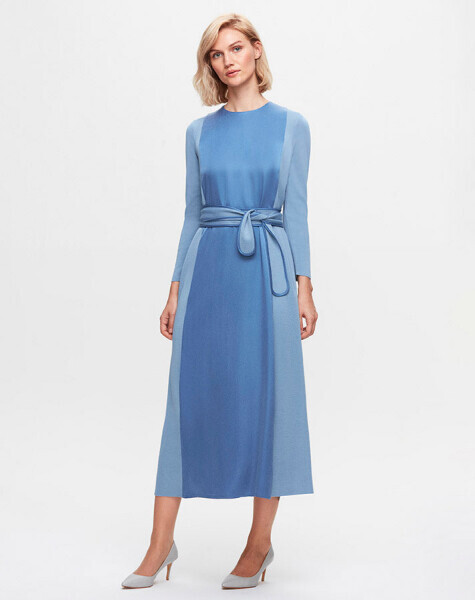 T25K-4005 Beli Kuşaklı Cupro Detaylı Mavi Elbise 