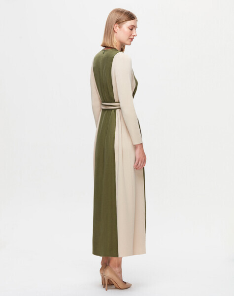 T25K-4005 Beli Kuşaklı Cupro Detaylı Elbise YY216-BEİGE / GREEN - 2