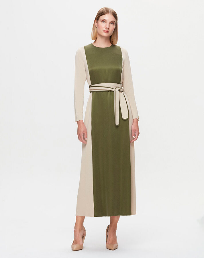 T25K-4005 Waist Belted Satin Detailed Dress - 8