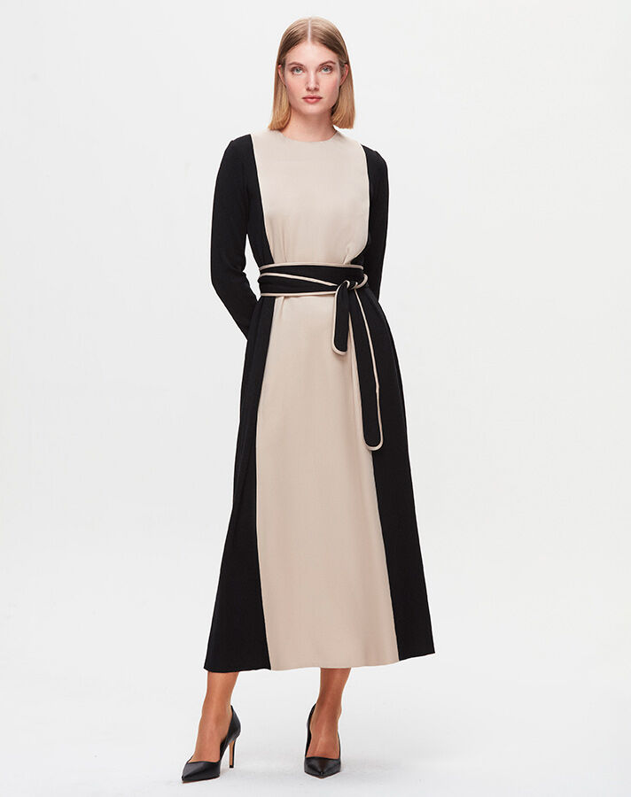 T25K-4005 Waist Belted Satin Detailed Dress - 14