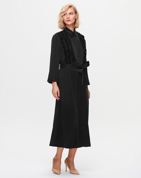 T25K-4006 Balon Kollu Önü Fırfırlı Cupro Elbise BLACK - MISS DALIDA