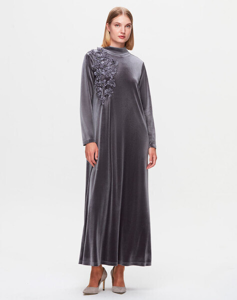 T25K-4007 A Kesim Kadife Elbise GREY - 1