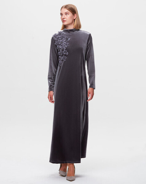 T25K-4007 A Kesim Kadife Elbise GREY - 2