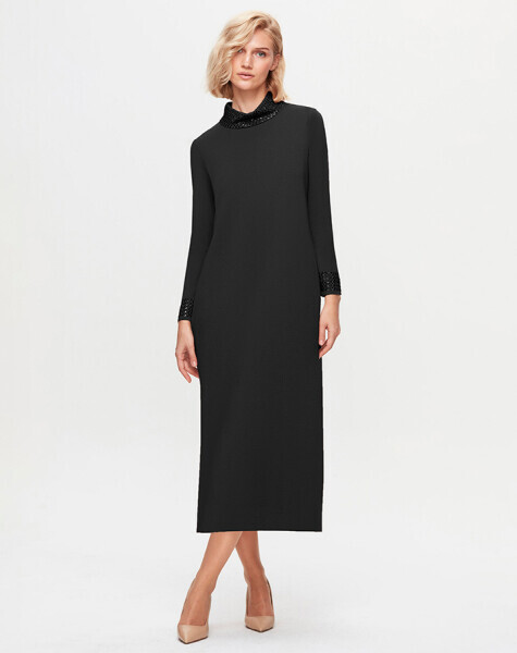 T25K-4008 Yakası ve Bileği Taş Detaylı Elbise BLACK - 1