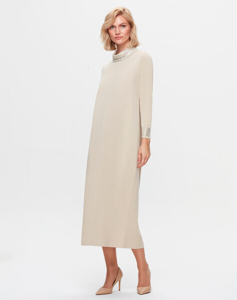 T25K-4008 Yakası ve Bileği Taş Detaylı Elbise DIDO-BEİGE 