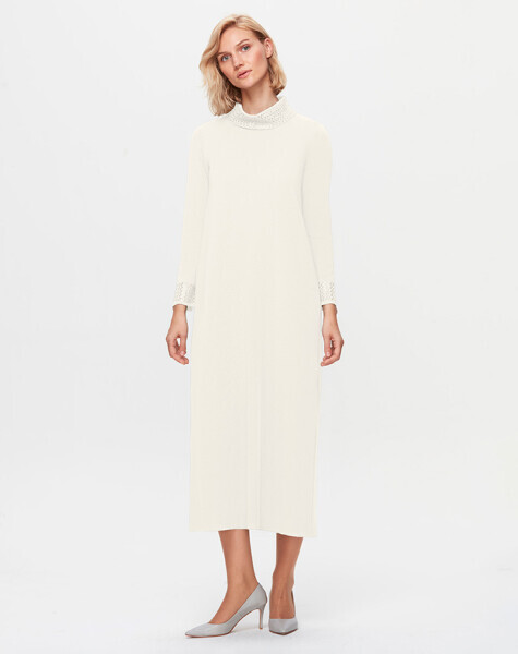 T25K-4008 Yakası ve Bileği Taş Detaylı Elbise FEDE-ECRU - 1