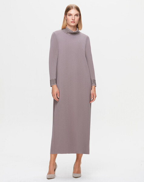 T25K-4008 Yakası ve Bileği Taş Detaylı Elbise SCURE-MİNK - 1