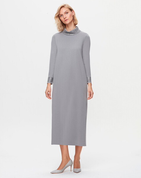 T25K-4008 Yakası ve Bileği Taş Detaylı Elbise VİALE-GREY 