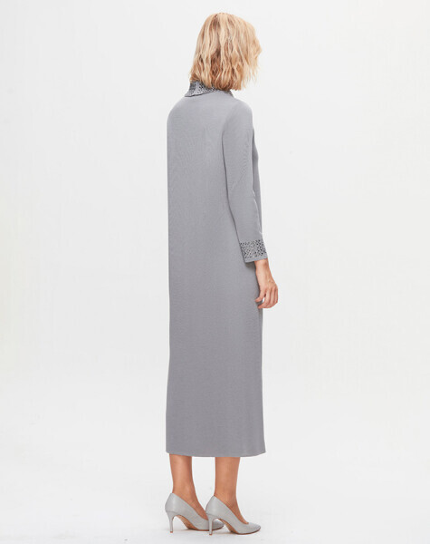 T25K-4008 Yakası ve Bileği Taş Detaylı Elbise VİALE-GREY - 2