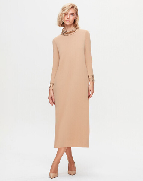 T25K-4008 Yakası ve Bileği Taş Detaylı Elbise YY216-BEİGE - 1