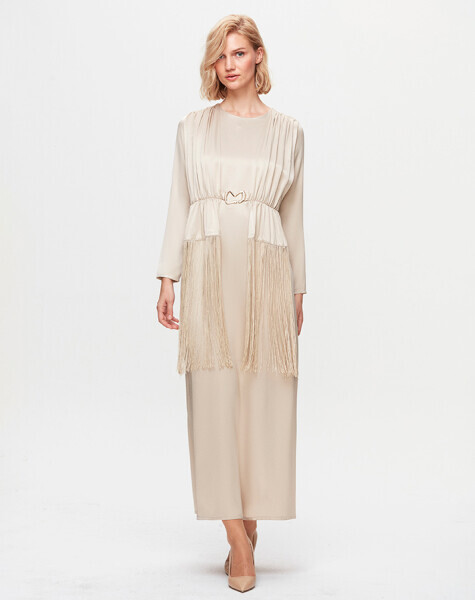 T25K-4009 Püskül Detaylı Parlak Kumaş Elbise BEİGE - 1