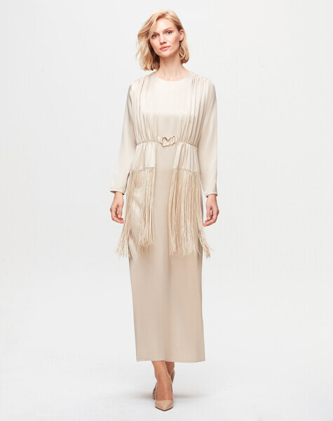 T25K-4009 Püskül Detaylı Parlak Kumaş Elbise BEİGE - 2