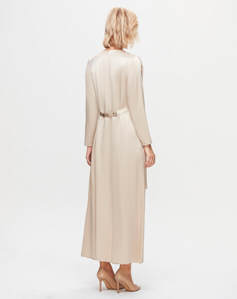 T25K-4009 Püskül Detaylı Parlak Kumaş Elbise BEİGE - 3