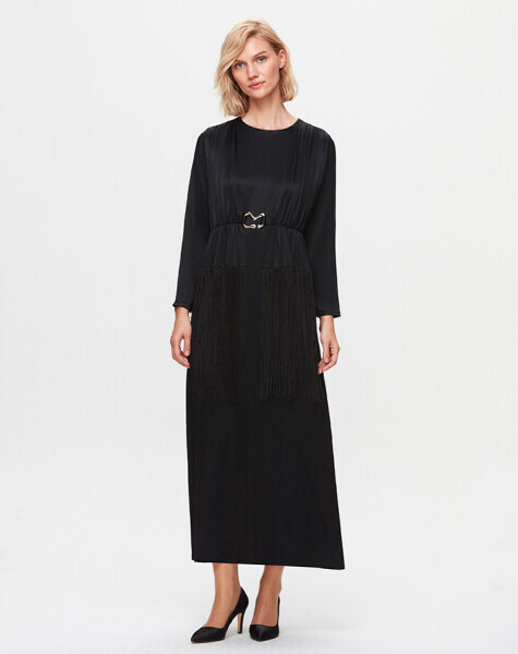 T25K-4009 Püskül Detaylı Parlak Kumaş Elbise BLACK - MISS DALIDA