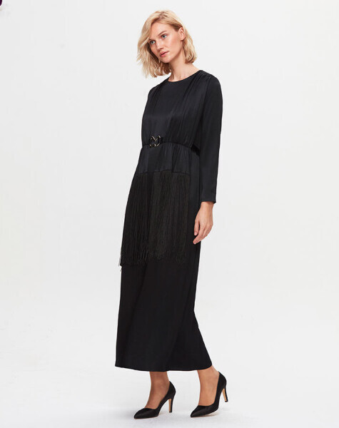 T25K-4009 Püskül Detaylı Parlak Kumaş Elbise BLACK - MISS DALIDA (1)