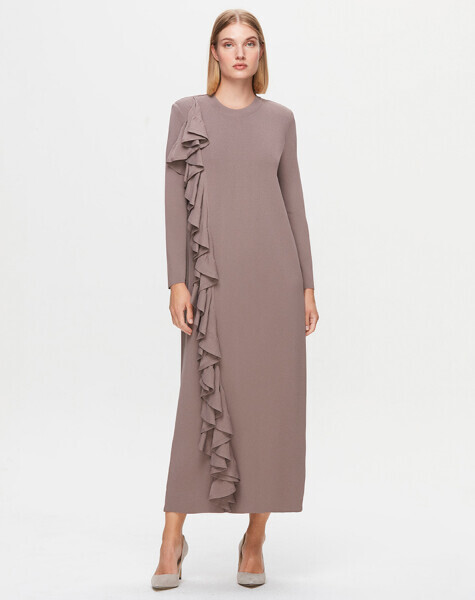 T25K-4010 Önü Fırfırlı Triko Elbise 002-MİNK 