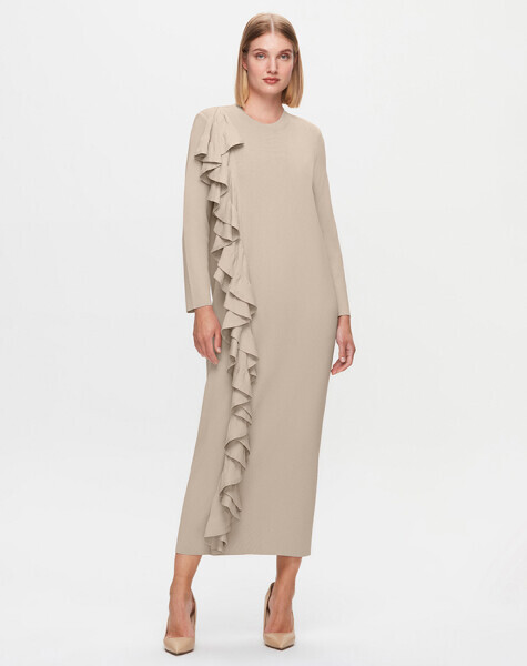 T25K-4010 Önü Fırfırlı Triko Elbise 1052-BEİGE - 1