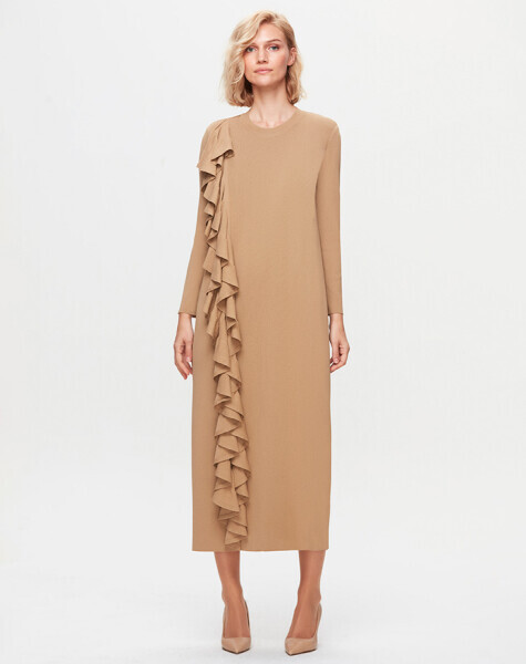 T25K-4010 Önü Fırfırlı Triko Elbise 1380-CAMEL - 1