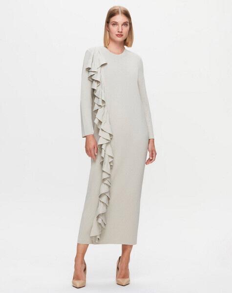 T25K-4010 Önü Fırfırlı Triko Smoke Elbise - 1