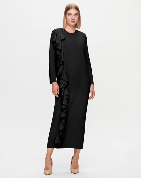 T25K-4010 Önü Fırfırlı Triko Elbise BLACK - 1