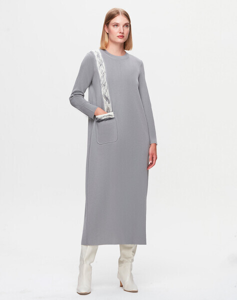T25K-4011 Cebi ve Önü Keçe Detaylı Elbise VİALE-GREY - 4