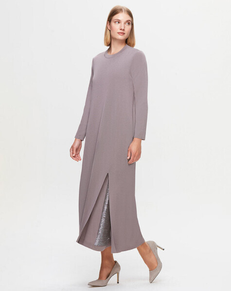 T25K-4012 Yırtmacı Taş Detaylı Mink Elbise - 1