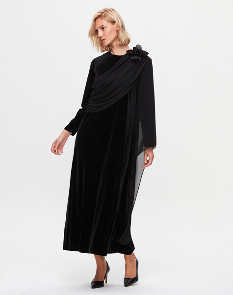 T25K-4013 Tül Detaylı Kadife Şık Elbise BLACK - 1