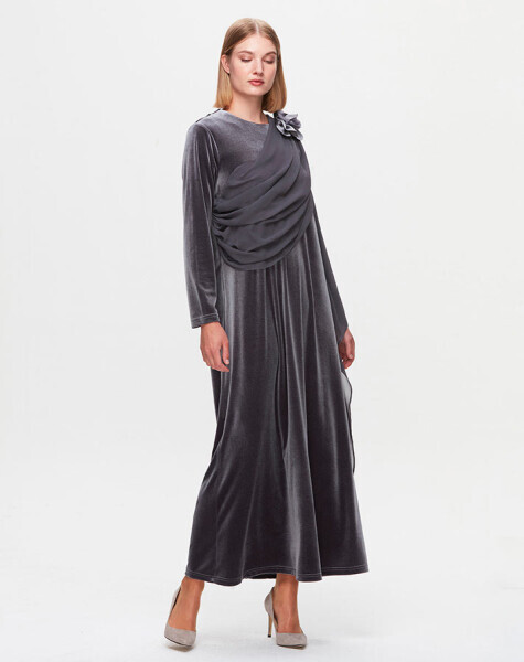 T25K-4013 Tül Detaylı Kadife Şık Elbise GREY - 2