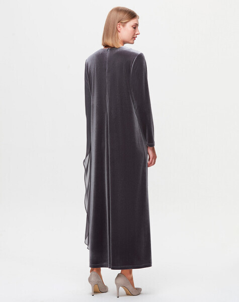 T25K-4013 Tül Detaylı Kadife Şık Gri Elbise - 3
