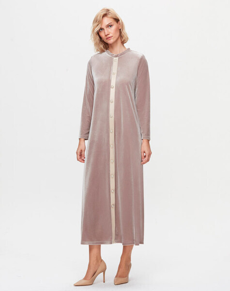 T25K-4014 Önü Düğmeli Kadife Elbise BEİGE 