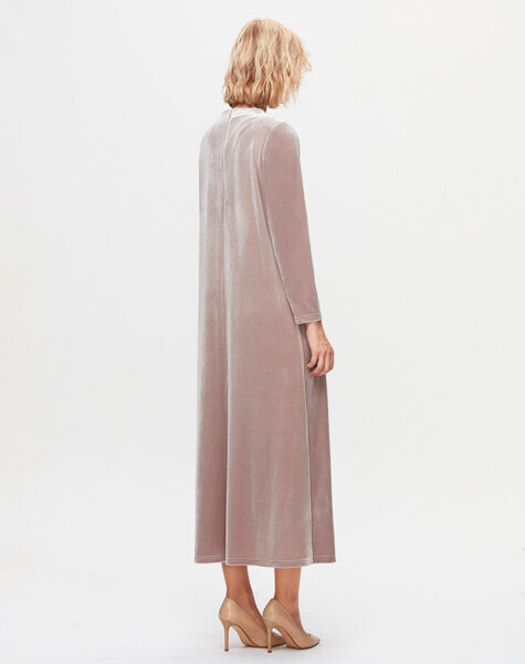 T25K-4014 Önü Düğmeli Kadife Elbise BEİGE - 3