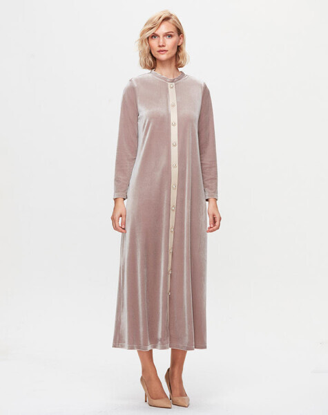 T25K-4014 Önü Düğmeli Kadife Elbise BEİGE - 2