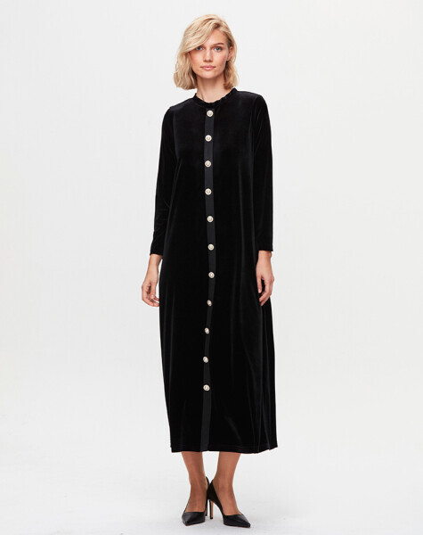 T25K-4014 Önü Düğmeli Kadife Elbise BLACK - 1