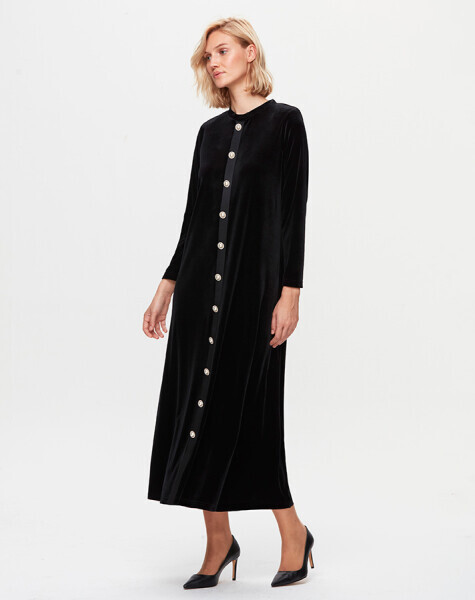 T25K-4014 Önü Düğmeli Kadife Elbise BLACK - 2