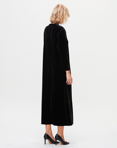 T25K-4014 Önü Düğmeli Kadife Elbise BLACK - 3