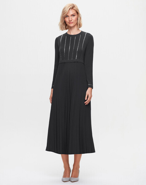 T25K-4016 Taş Detaylı Plise Elbise BAZA-ANTHRACİTE 