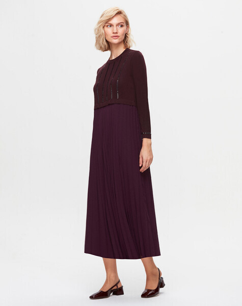 T25K-4016 Taş Detaylı Plise Elbise TROTA-OUBERGİNE 