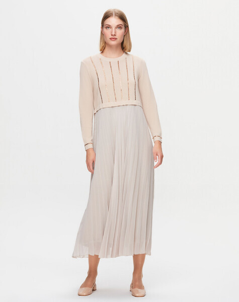 T25K-4016 Taş Detaylı Plise Elbise YR23T-SAND 