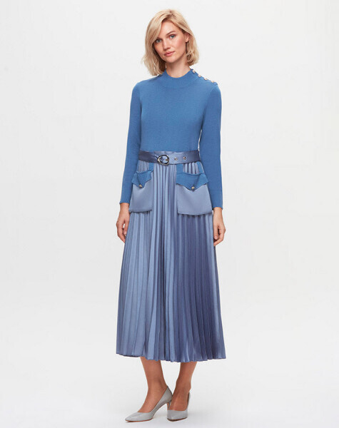 T25K-4017 Cep Kapaklı Triko Plise Mavi Elbise - 1