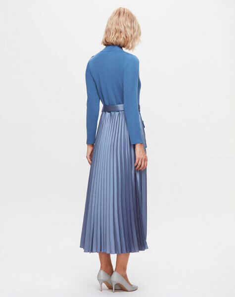 T25K-4017 Cep Kapaklı Triko Plise Mavi Elbise - 3