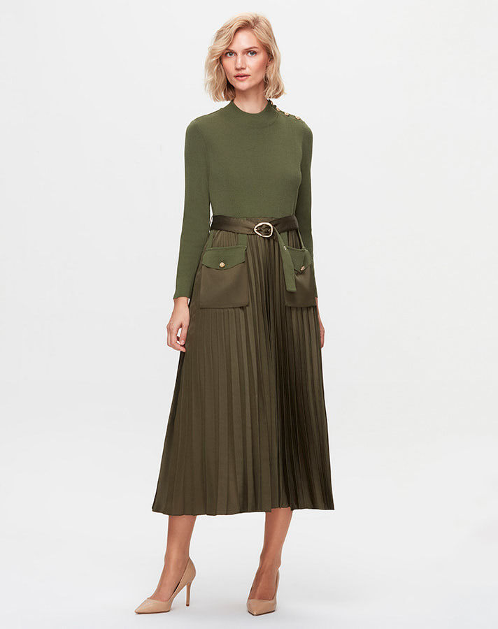 T25K-4017 Satin-Knitted Pleat Dress with Pockets - 4