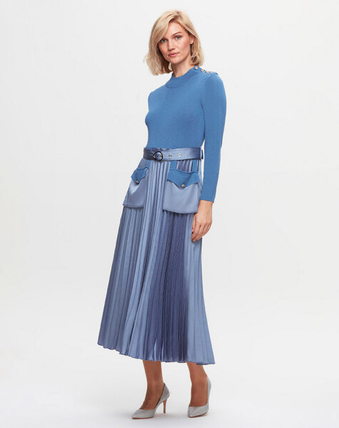 T25K-4017 Satin-Knitted Pleat Dress with Pockets - 2