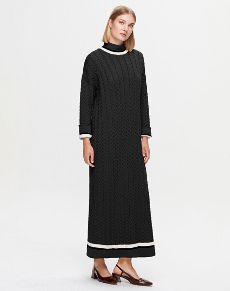 T25K-4018 Saç Örgülü Triko Elbise BLACK - 1